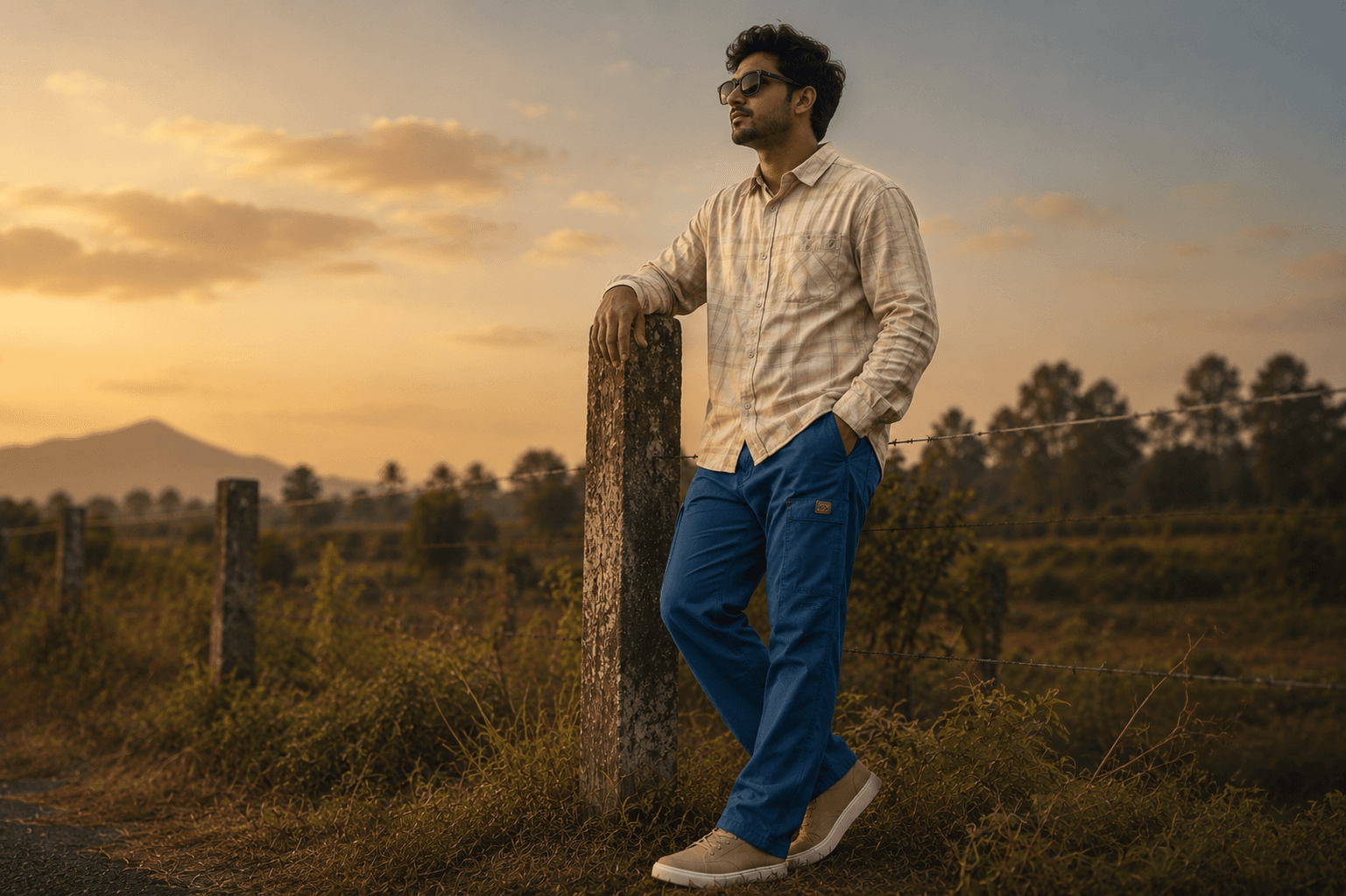 Man in Bornfree blue cargo pants leaning on a fence post at sunset