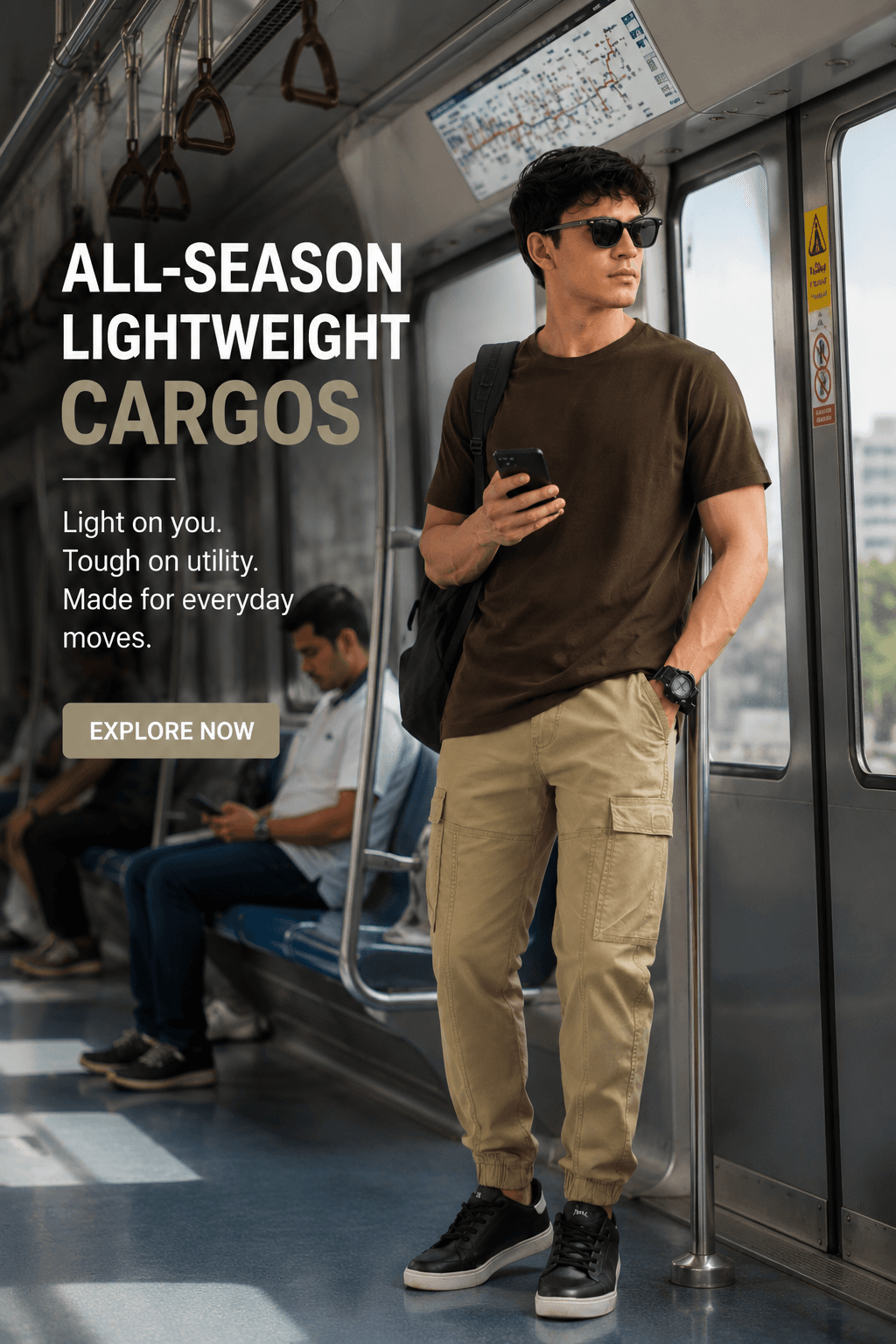All-season lightweight cargos — man in khaki cargos standing in a metro carriage