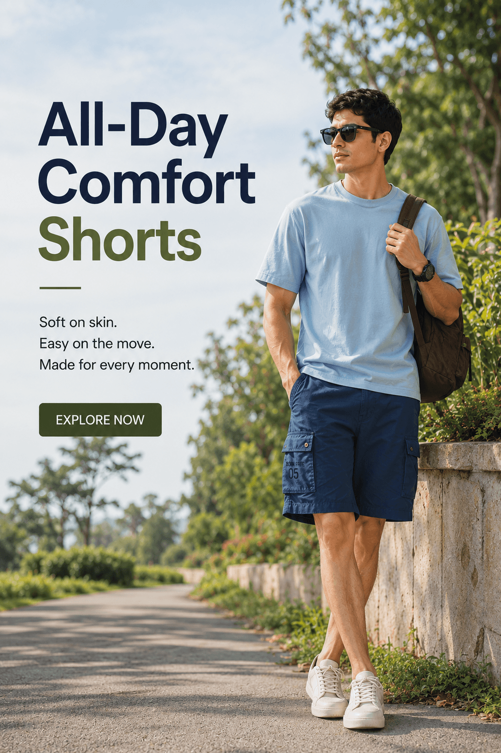 All-day comfort shorts — man in navy cargo shorts on a sunlit country road