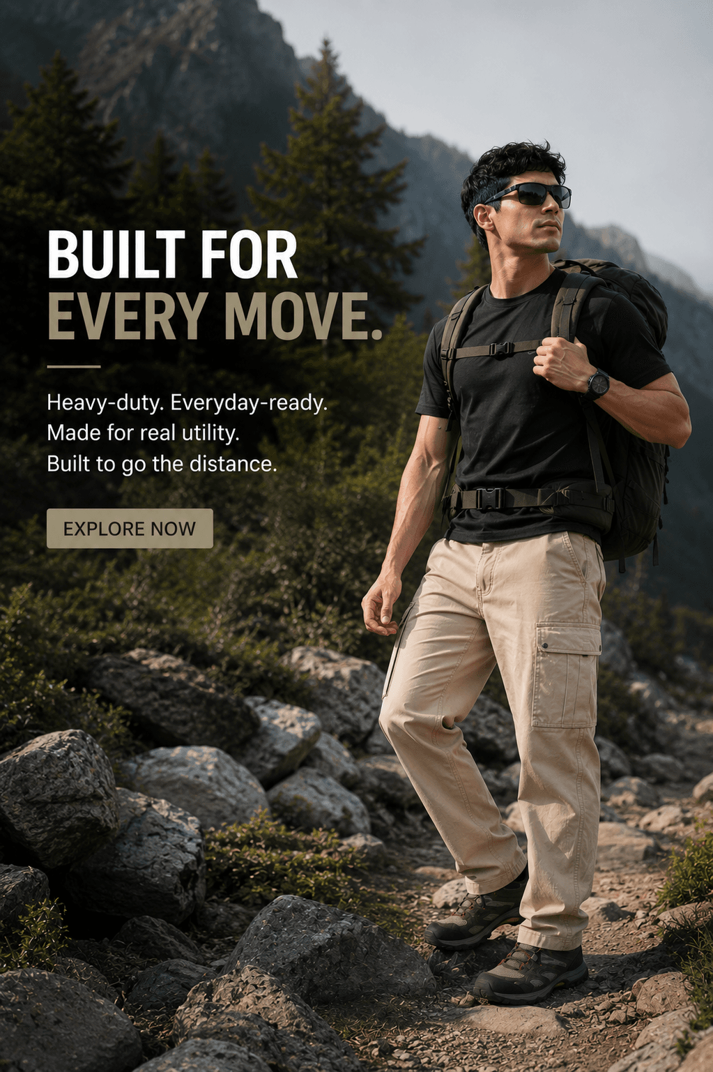 Built for every move — man hiking a rocky mountain trail in stone cargo pants