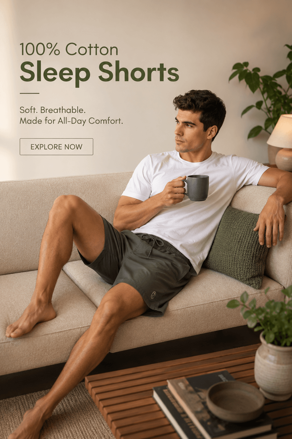 100% cotton sleep shorts — man relaxing on a sofa with a mug