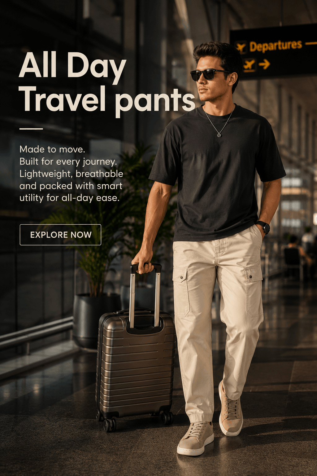 All-day travel pants — man with a suitcase in an airport terminal